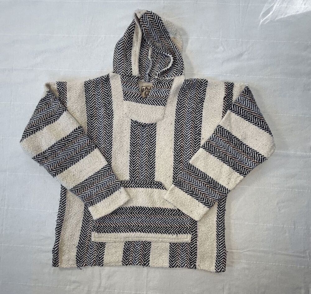 Baja Joe Cotton Blend Mexican Blanket Like Hooded Pullover Size M Cream Striped